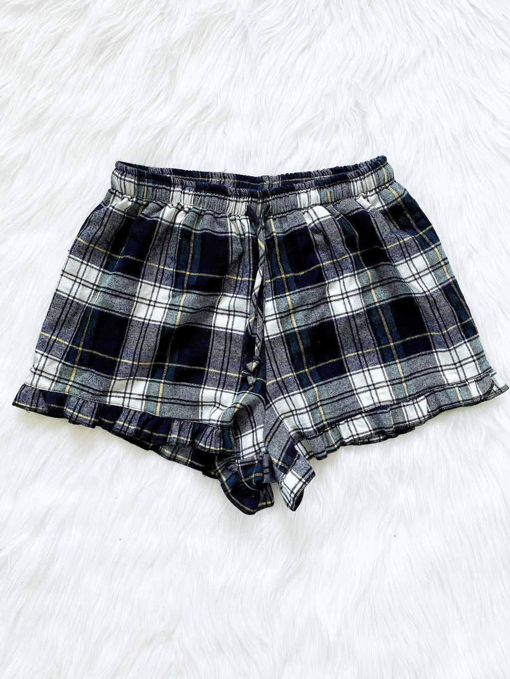 White Navy Yellow PJ Youth Pajama Plaid Ruffle Shorts