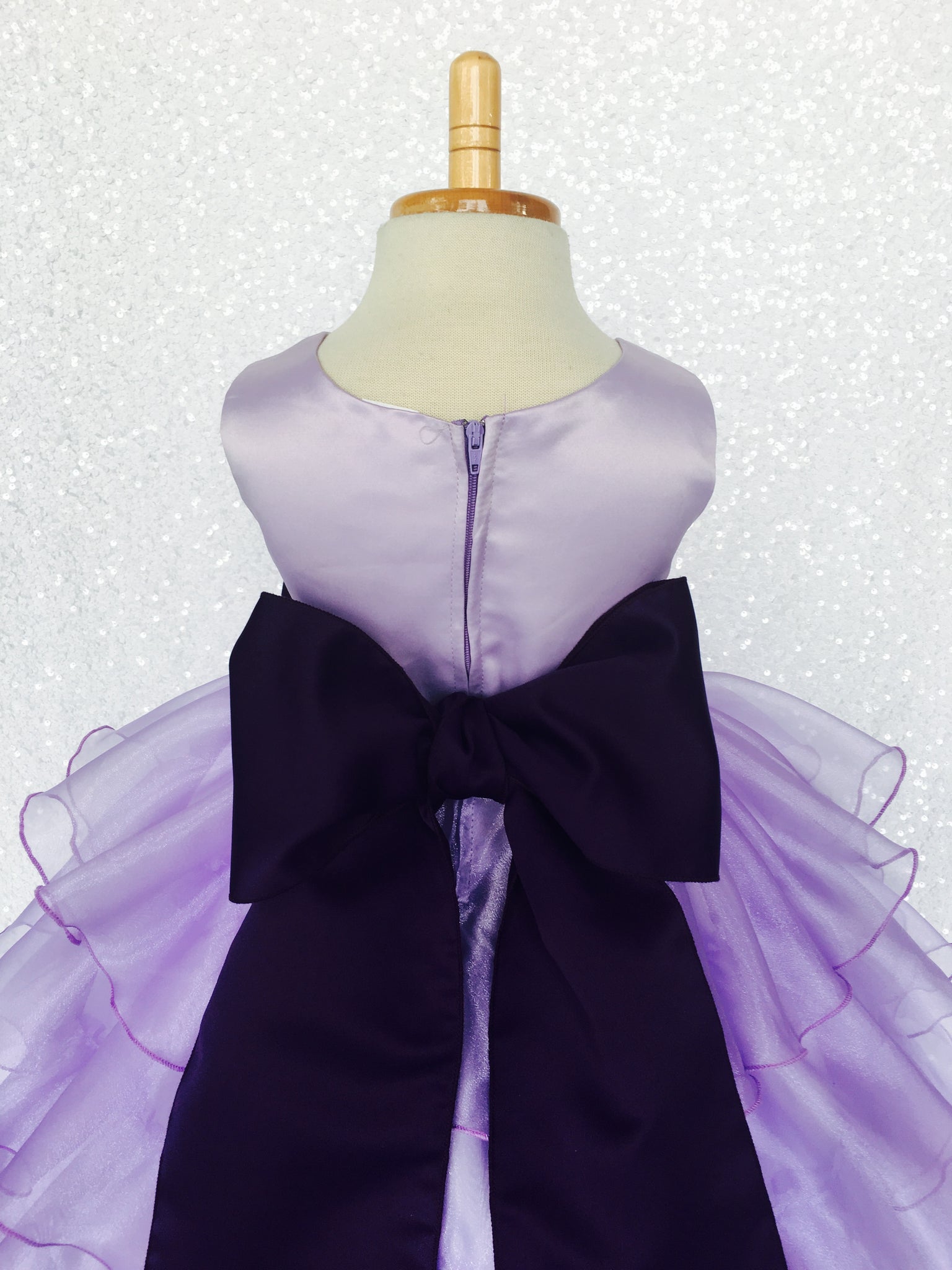 Lilac Sleeveless Satin Organza Ruffle Dress Plum Sash Flower