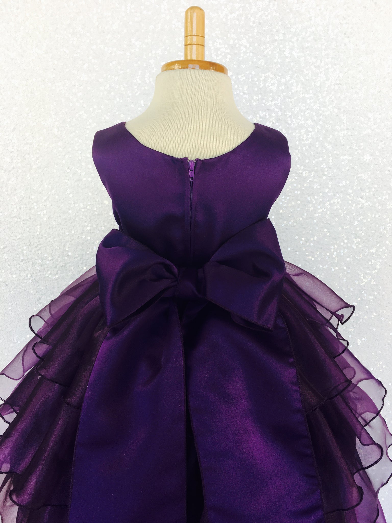 Plum Sleeveless Satin Organza Ruffle Dress