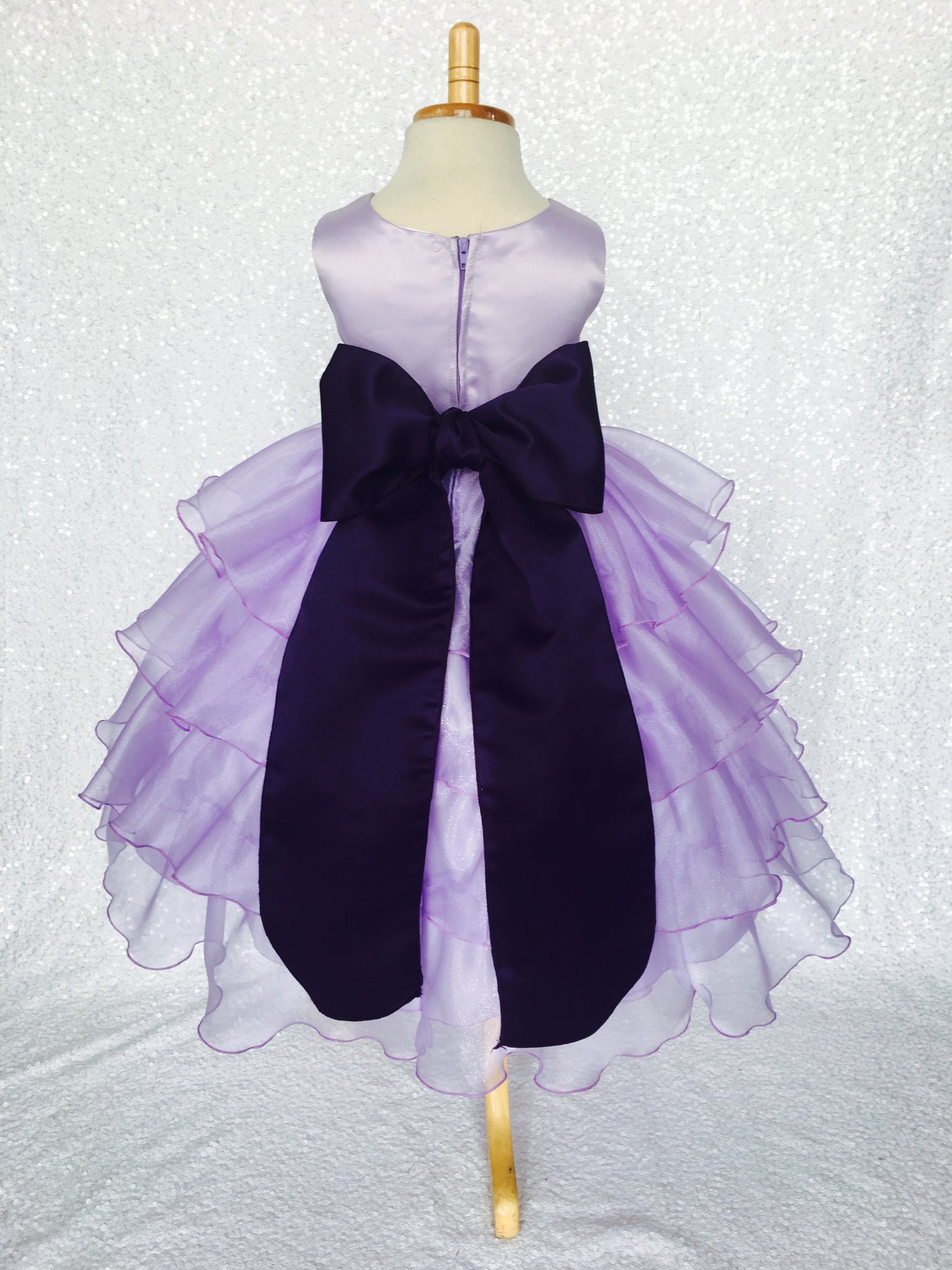 Lilac Sleeveless Satin Organza Ruffle Dress Plum Sash Flower