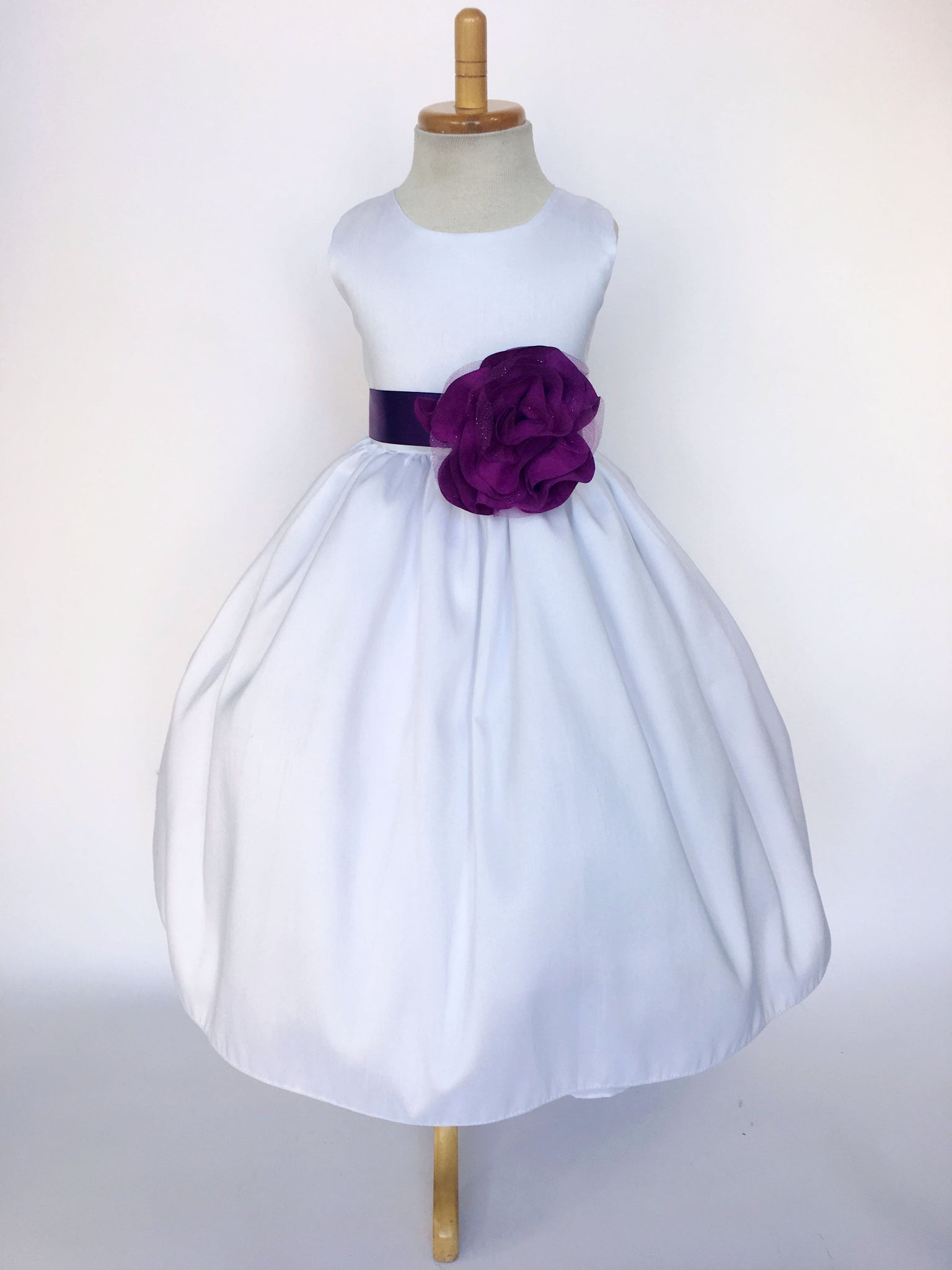 White Vintage Shantung Dress Fuchsia Ribbon Flower