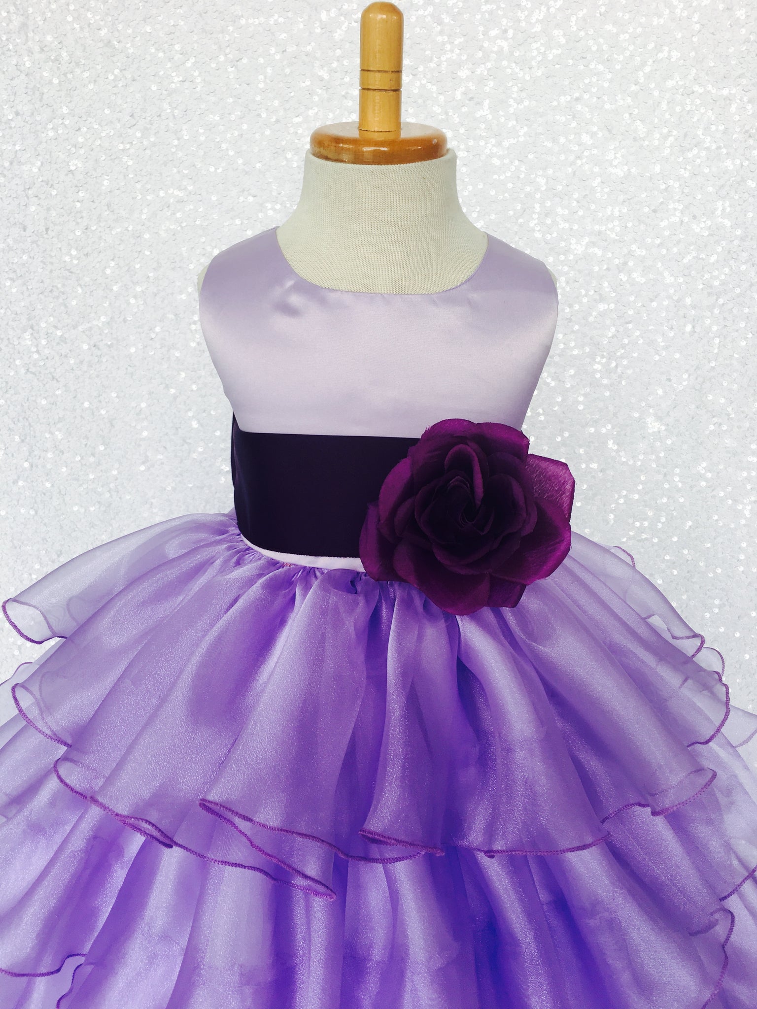 Lilac Sleeveless Satin Organza Ruffle Dress Plum Sash Flower