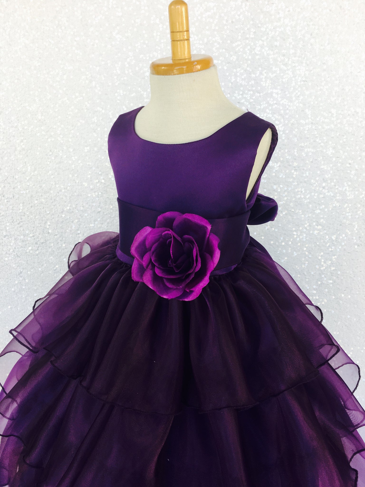 Plum Sleeveless Satin Organza Ruffle Dress