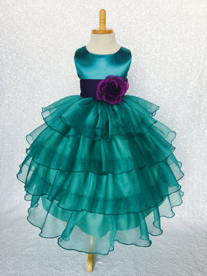 Teal Organza Ruffle Sleeveless Satin Dress Purple Sash Flower