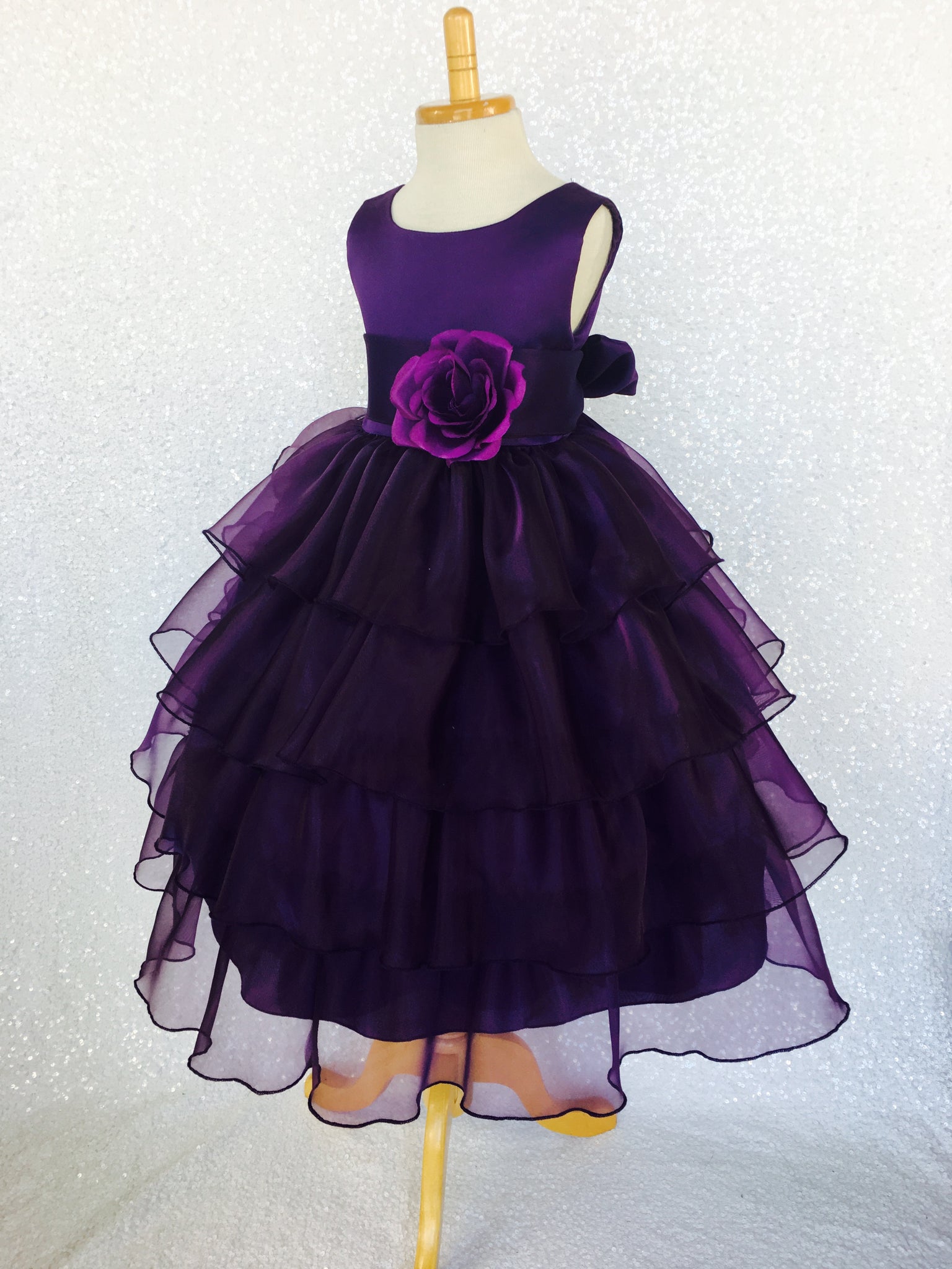 Plum Sleeveless Satin Organza Ruffle Dress