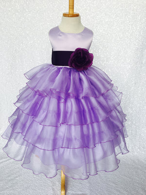 Lilac Sleeveless Satin Organza Ruffle Dress Plum Sash Flower