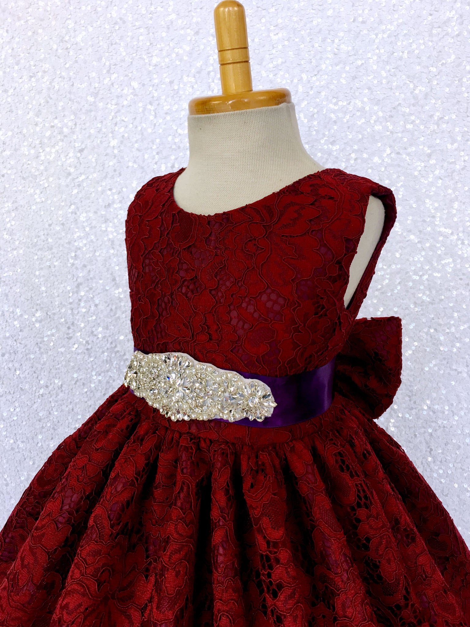 Burgundy French Lace V-Back Sleeveless Dress Bow Rhinestone White Sash