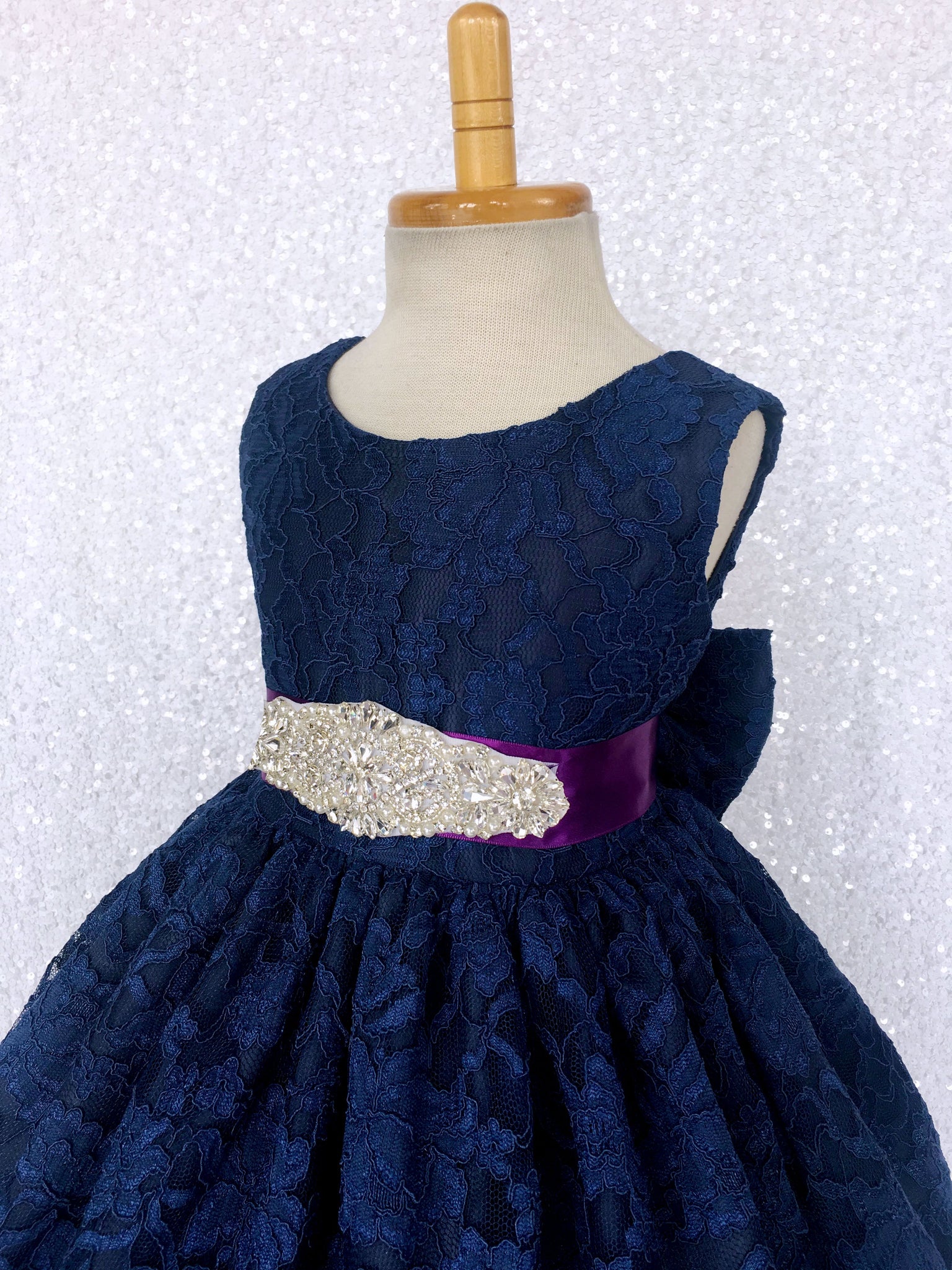 Navy French Lace V-Back Sleeveless Dress Bow White Rhinestone Sash