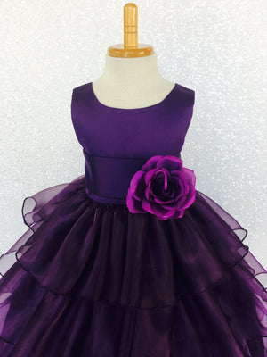 Plum Sleeveless Satin Organza Ruffle Dress