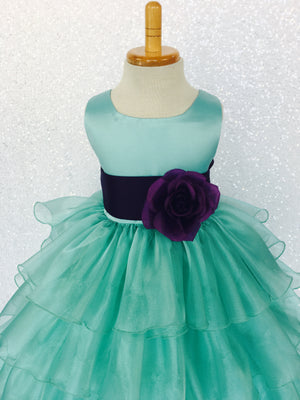 Aqua Satin Organza Ruffle Sleeveless Dress White Sash Flower