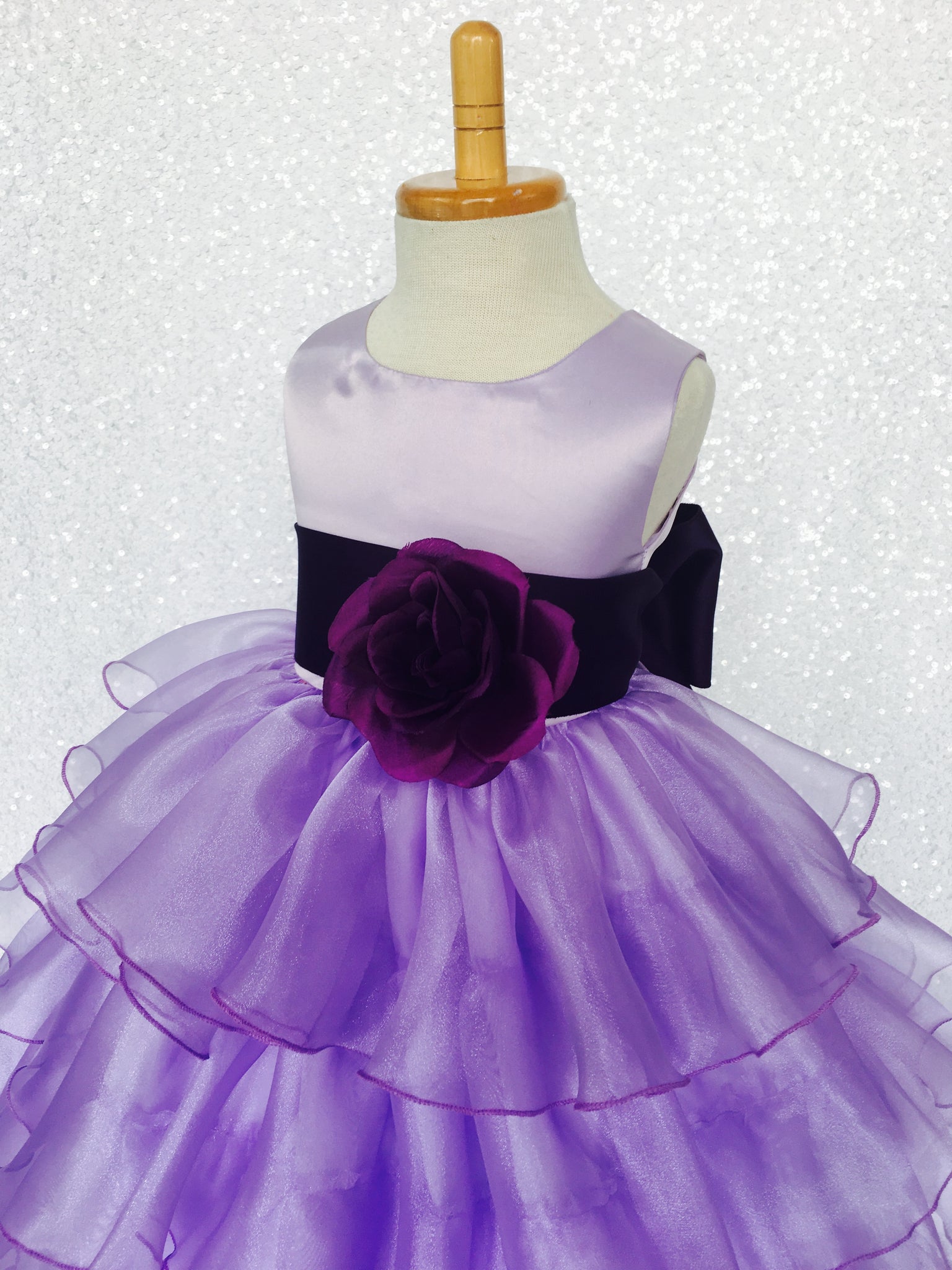 Lilac Sleeveless Satin Organza Ruffle Dress Plum Sash Flower