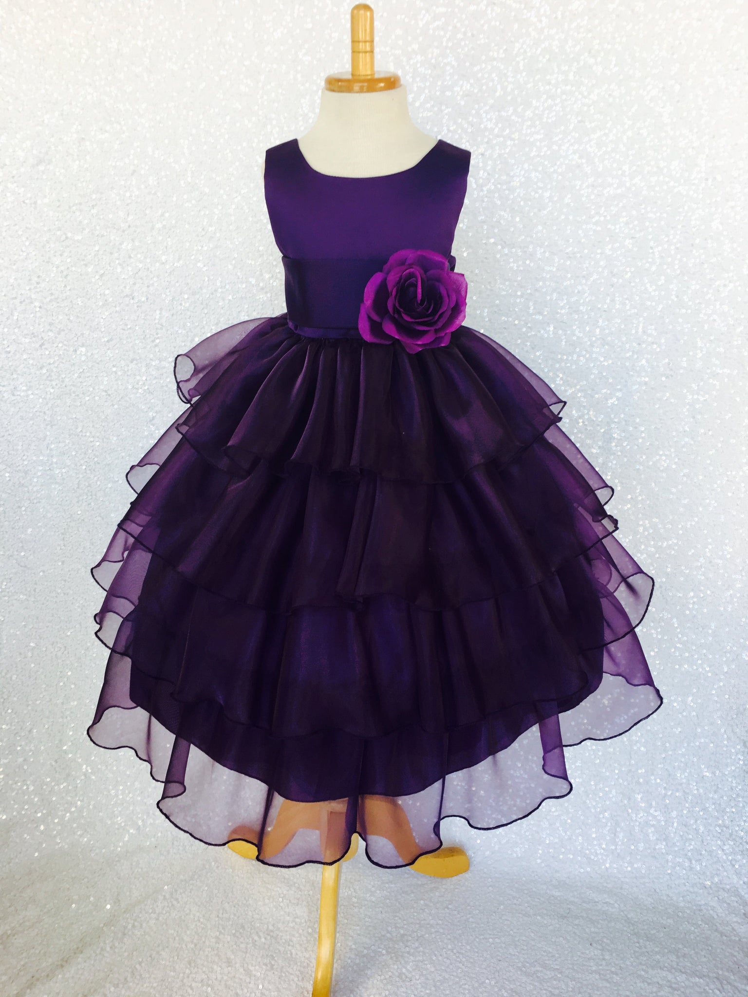 Sleeveless Satin Organza Ruffle Plum Dress Silver Sash Flower