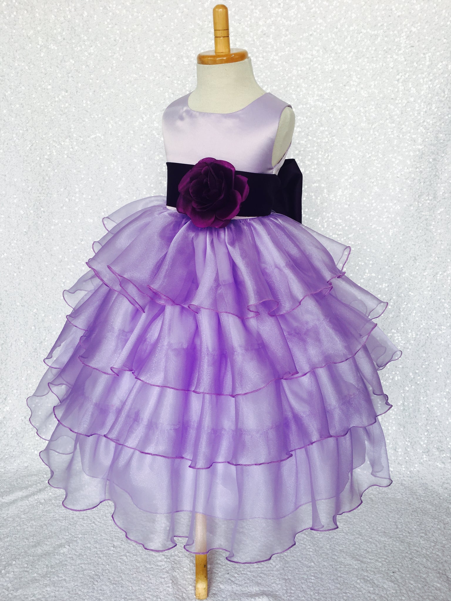 Lilac Sleeveless Satin Organza Ruffle Dress Plum Sash Flower