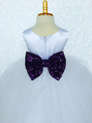 Sleeveless White 4 Layer Tulle Princess Dress Royal Blue Sequin Bow Ribbon