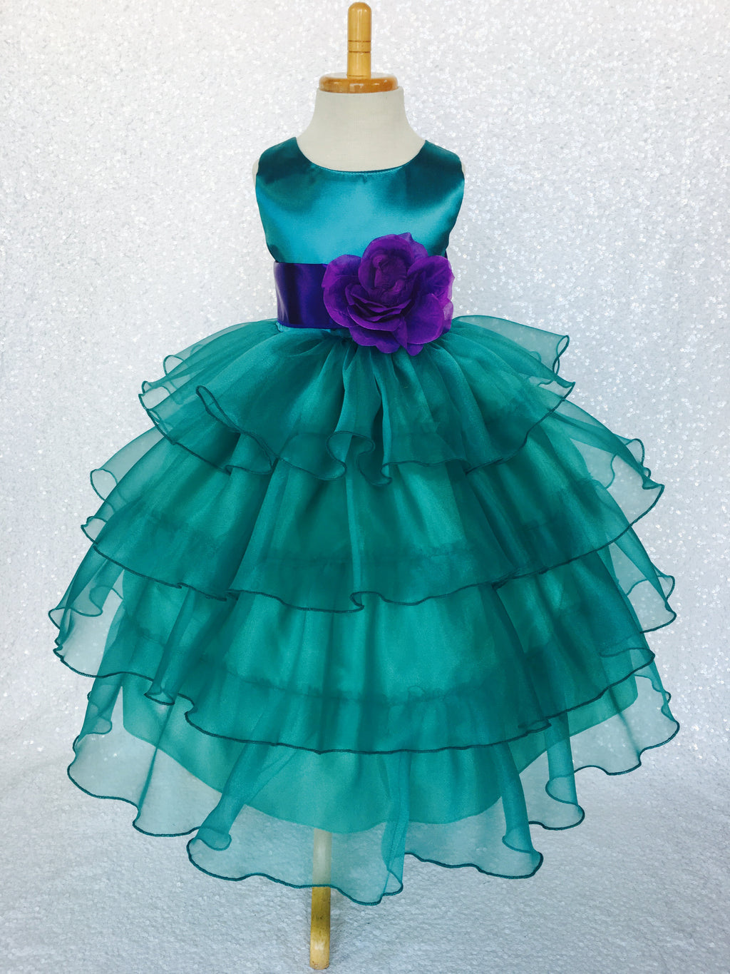 Teal Organza Ruffle Sleeveless Satin Dress Purple Sash Flower