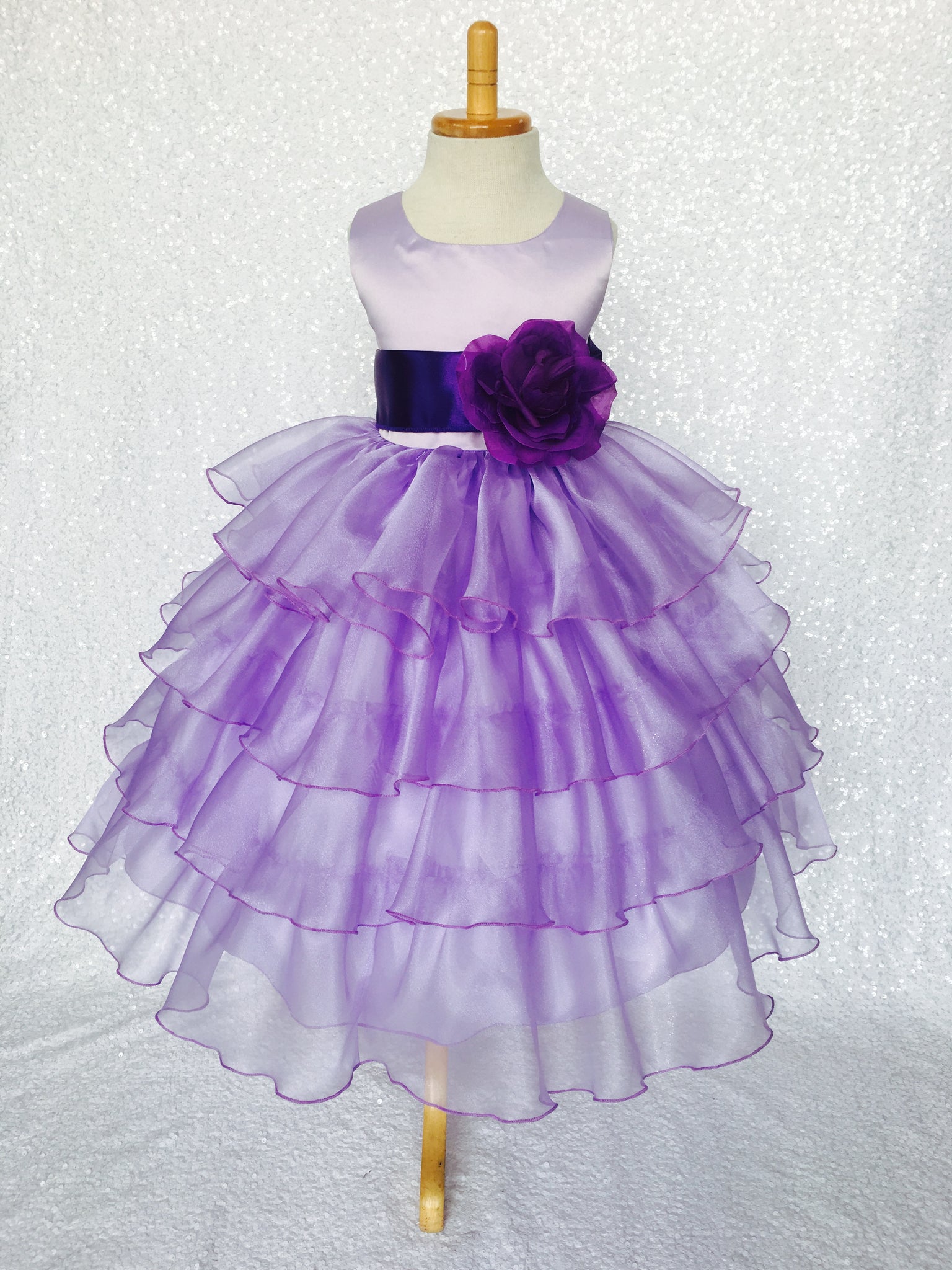 Lilac Sleeveless Satin Organza Ruffle Dress Plum Sash Flower