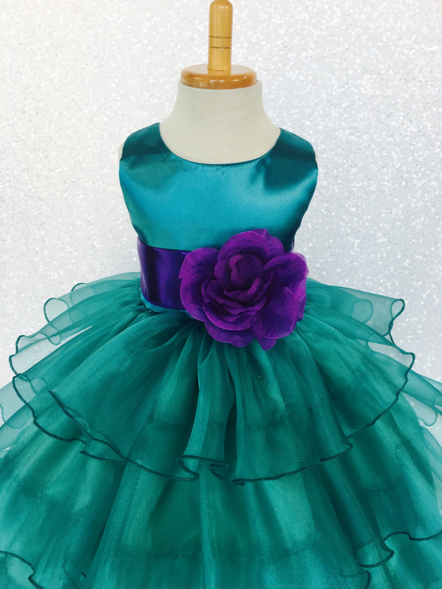 Teal Organza Ruffle Sleeveless Satin Dress Purple Sash Flower