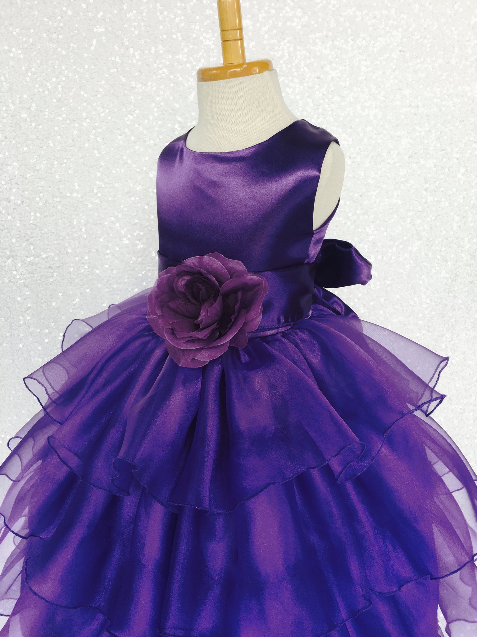 Purple Sleeveless Satin Organza Ruffle Dress