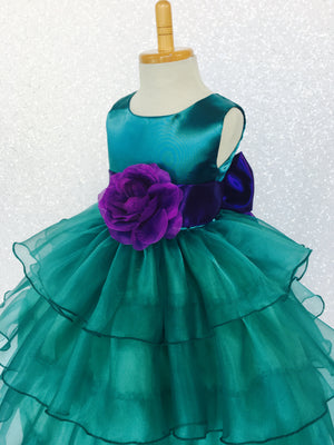 Teal Organza Ruffle Sleeveless Satin Dress Purple Sash Flower