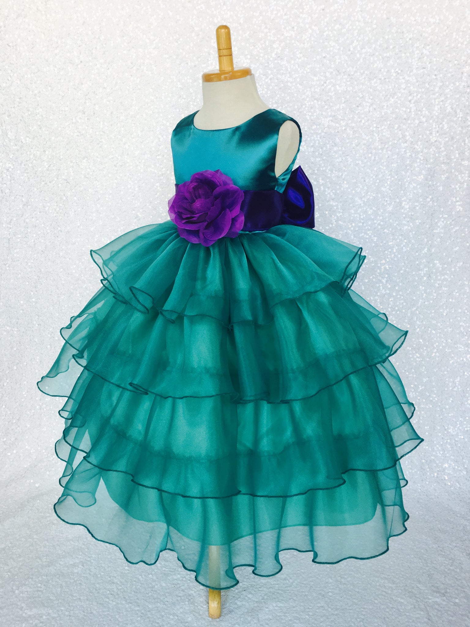 Teal Organza Ruffle Sleeveless Satin Dress Purple Sash Flower