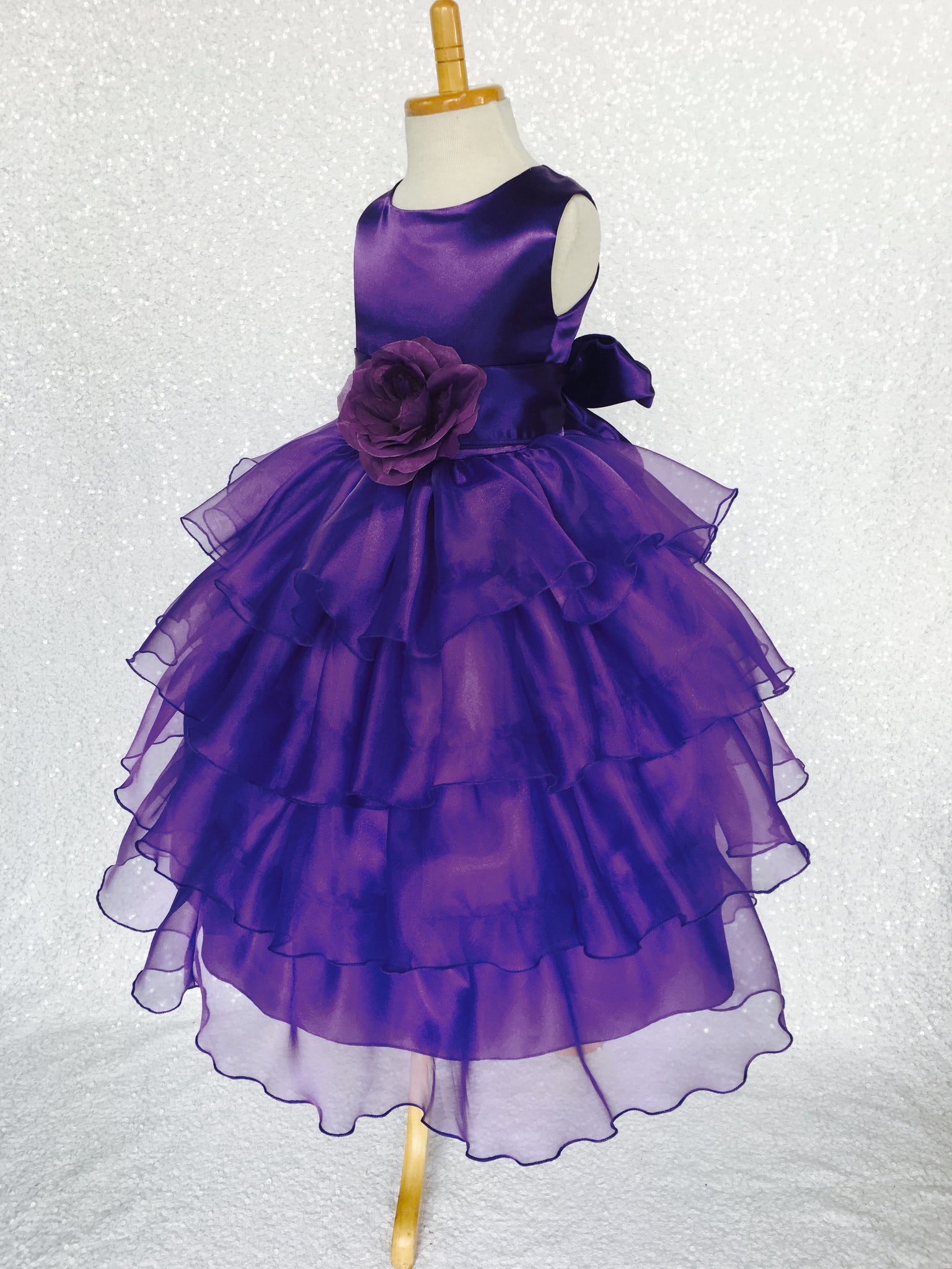 Purple Sleeveless Satin Organza Ruffle Dress