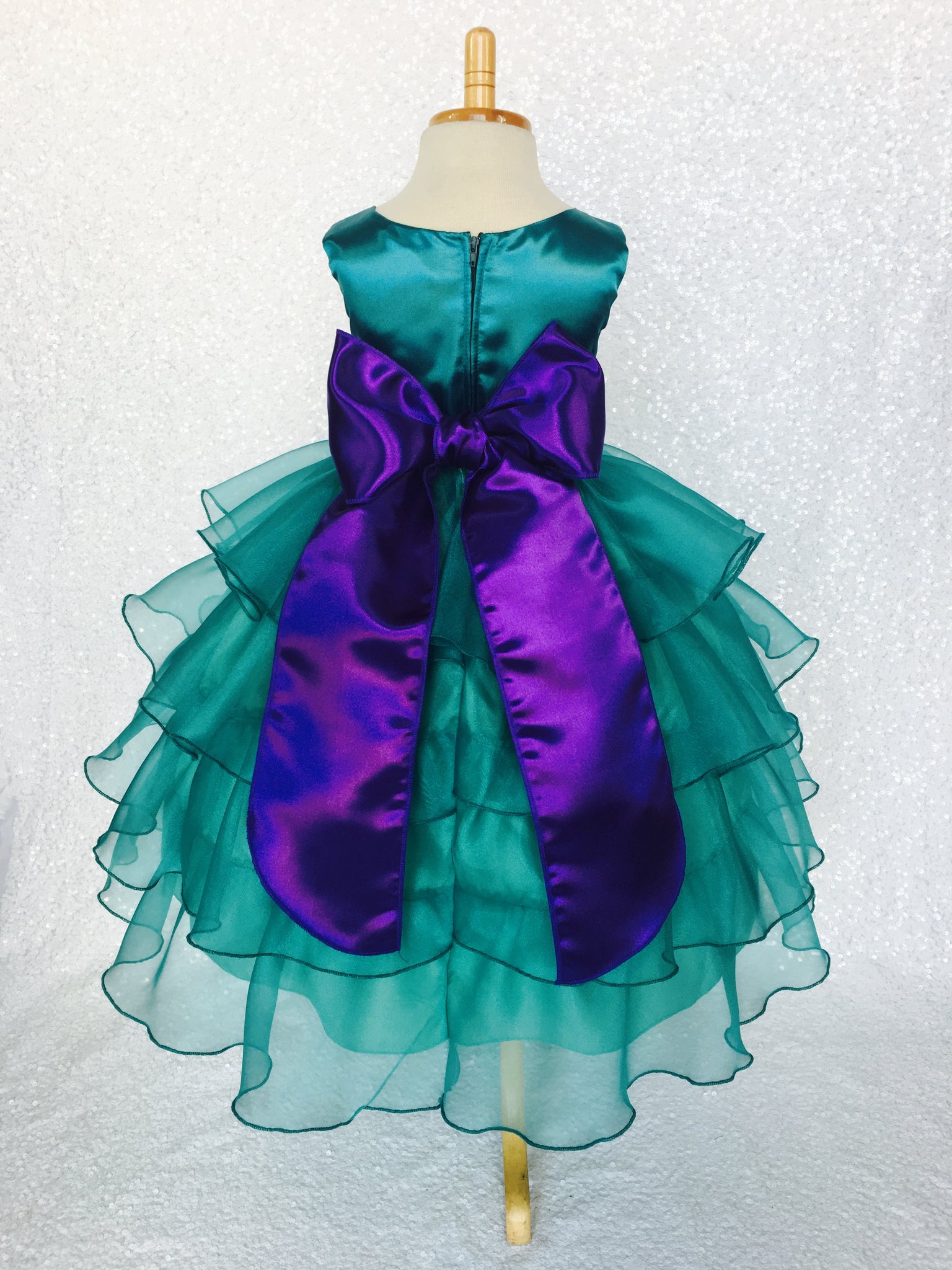 Teal Organza Ruffle Sleeveless Satin Dress Purple Sash Flower