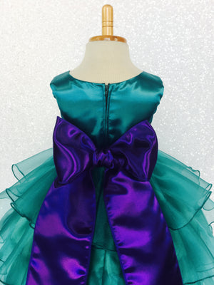 Teal Organza Ruffle Sleeveless Satin Dress Purple Sash Flower