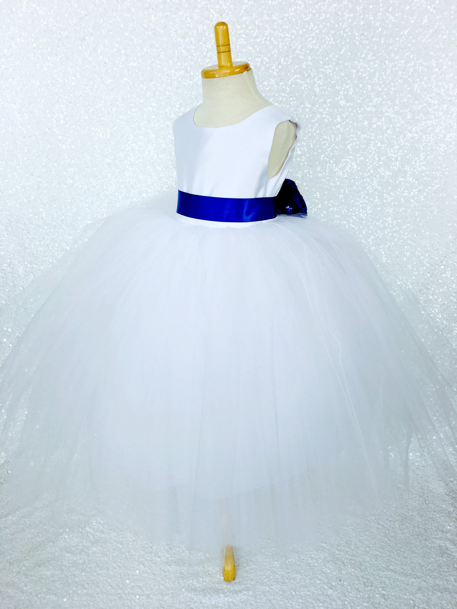 Sleeveless White 4 Layer Tulle Princess Dress Royal Blue Sequin Bow Ribbon