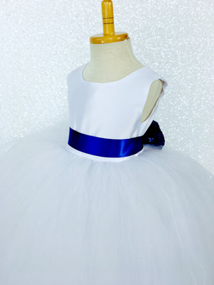 Sleeveless White 4 Layer Tulle Princess Dress Royal Blue Sequin Bow Ribbon