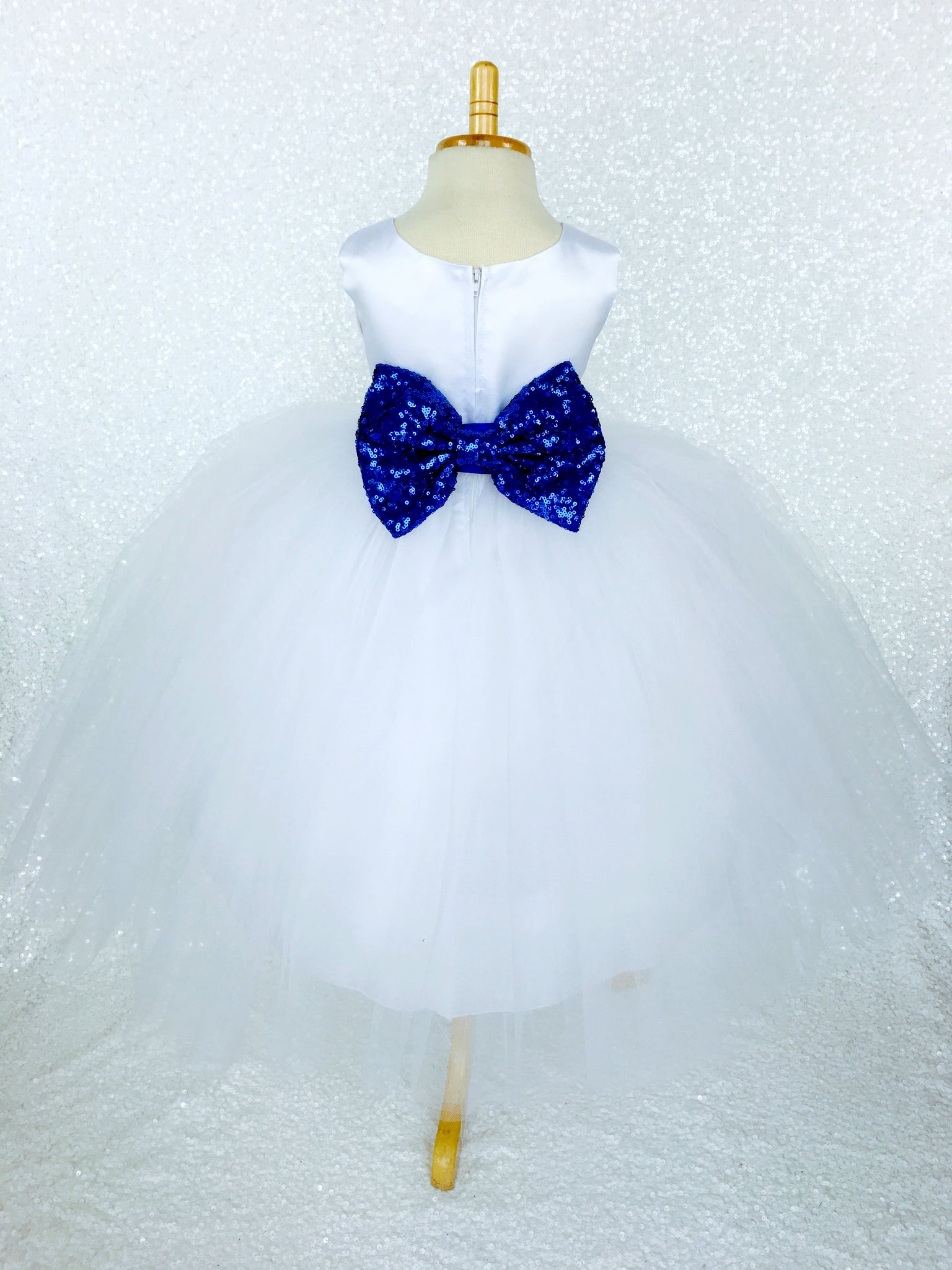 Sleeveless White 4 Layer Tulle Princess Dress Royal Blue Sequin Bow Ribbon