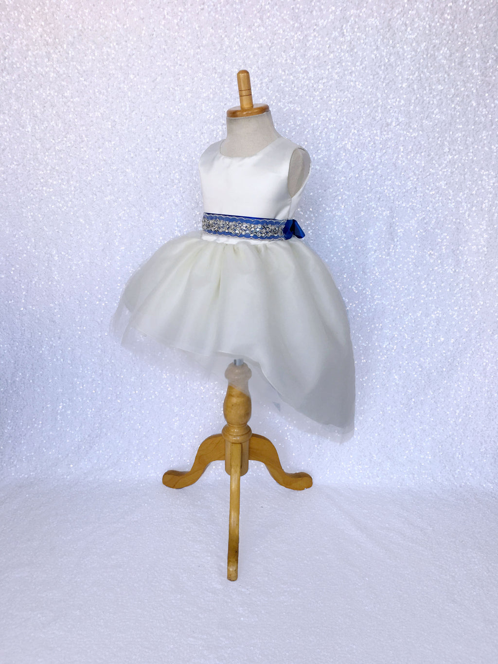 Ivory Satin High Low 4 Layer Tulle Dress Royal Blue Sequin Ribbon