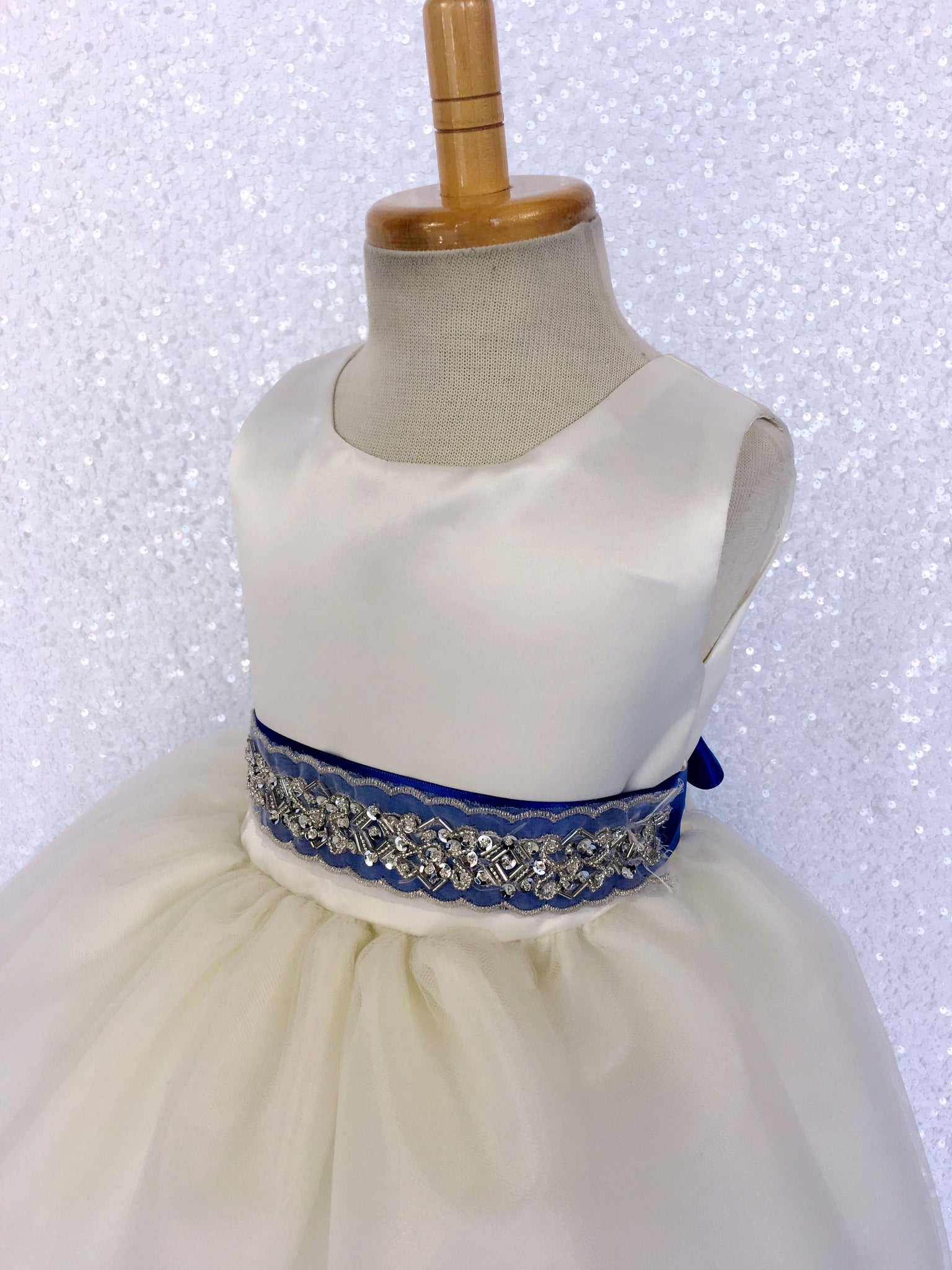 Ivory Satin High Low 4 Layer Tulle Dress Royal Blue Sequin Ribbon