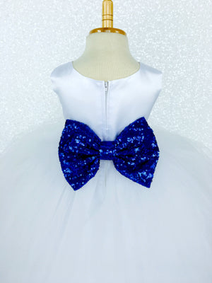 Sleeveless White 4 Layer Tulle Princess Dress Royal Blue Sequin Bow Ribbon