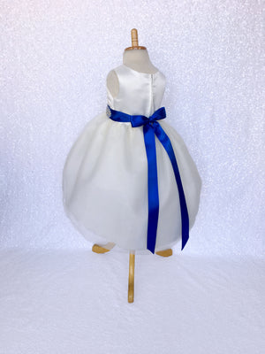 Ivory Satin High Low 4 Layer Tulle Dress Royal Blue Sequin Ribbon