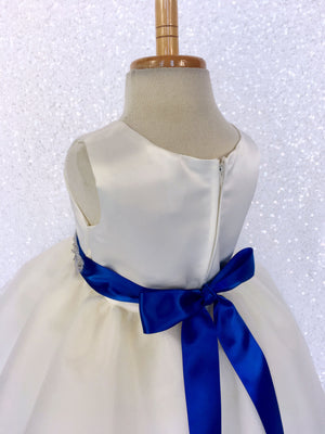 Ivory Satin High Low 4 Layer Tulle Dress Royal Blue Sequin Ribbon