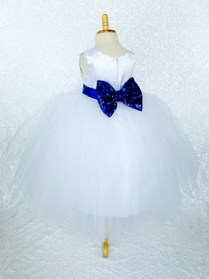 Sleeveless White 4 Layer Tulle Princess Dress Royal Blue Sequin Bow Ribbon