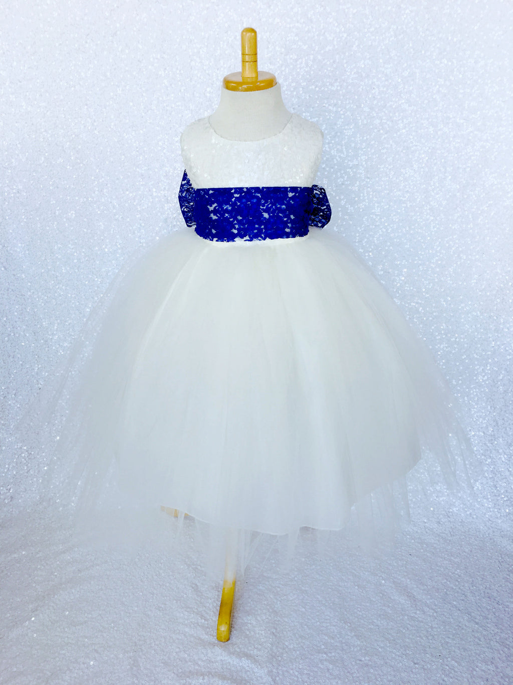 Ivory Big Sequin 2 Layer Tulle Royal Blue Lace Sash