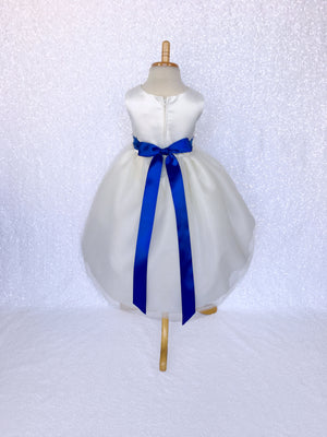 Ivory Satin High Low 4 Layer Tulle Dress Royal Blue Sequin Ribbon