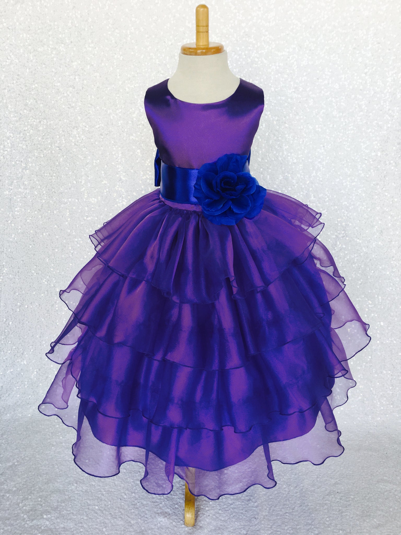 Purple Sleeveless Satin Organza Ruffle Dress