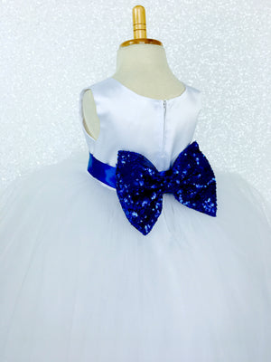 Sleeveless White 4 Layer Tulle Princess Dress Royal Blue Sequin Bow Ribbon