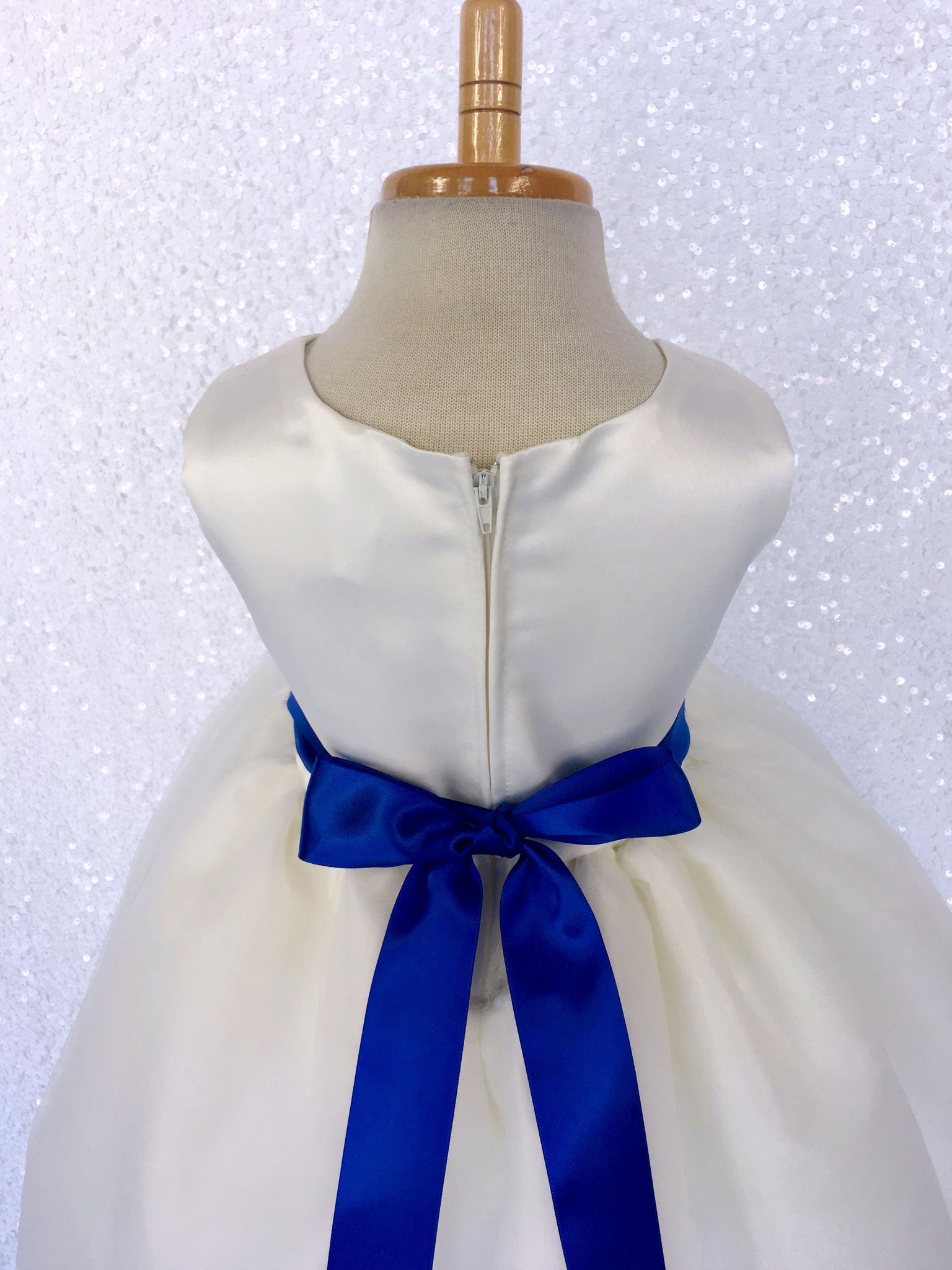 Ivory Satin High Low 4 Layer Tulle Dress Royal Blue Sequin Ribbon