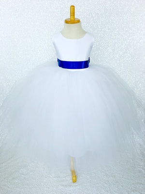 Sleeveless White 4 Layer Tulle Princess Dress Royal Blue Sequin Bow Ribbon