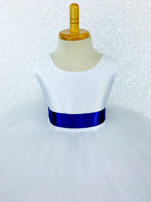 Sleeveless White 4 Layer Tulle Princess Dress Royal Blue Sequin Bow Ribbon