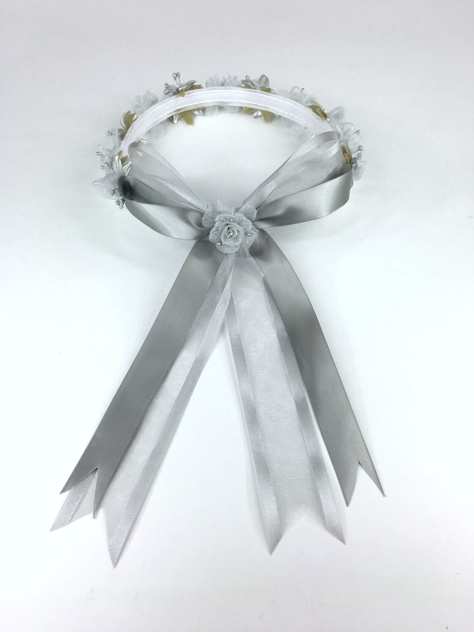 Silver Gray Floral Organza Crown Headband