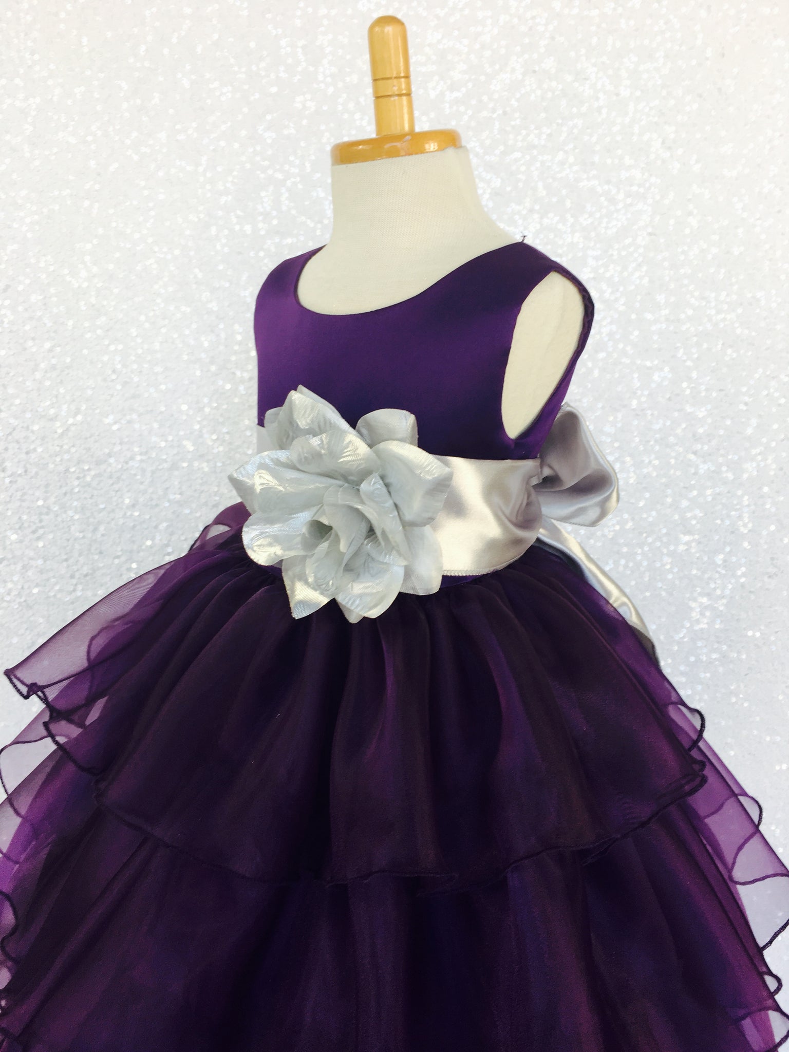 Sleeveless Satin Organza Ruffle Plum Dress Silver Sash Flower