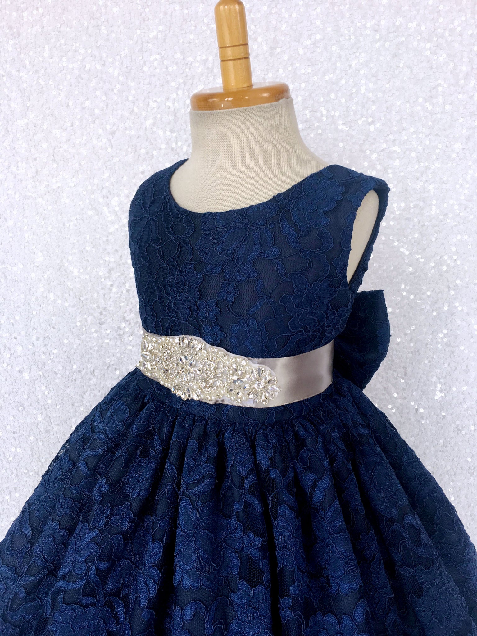 Navy French Lace V-Back Sleeveless Dress Bow White Rhinestone Sash