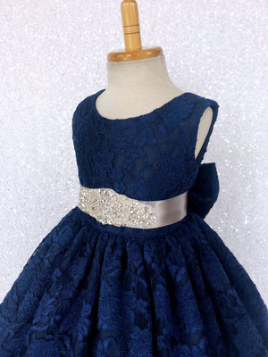 Navy French Lace V-Back Sleeveless Dress Bow White Rhinestone Sash