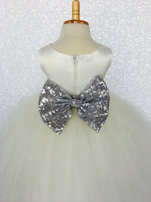 Sleeveless Ivory 4 Layer Tulle Princess Dress Rose Gold Sequin Bow Ribbon