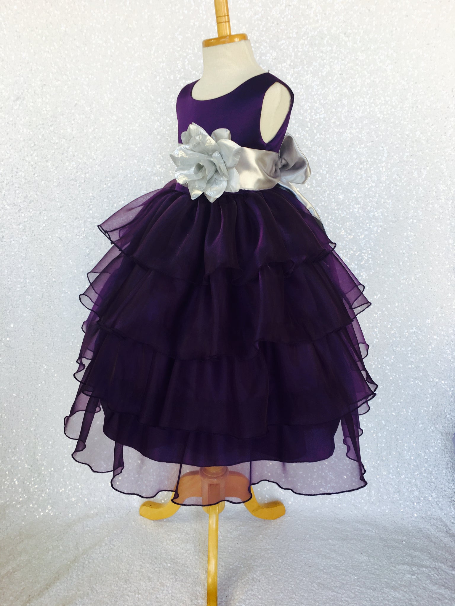 Sleeveless Satin Organza Ruffle Plum Dress Silver Sash Flower