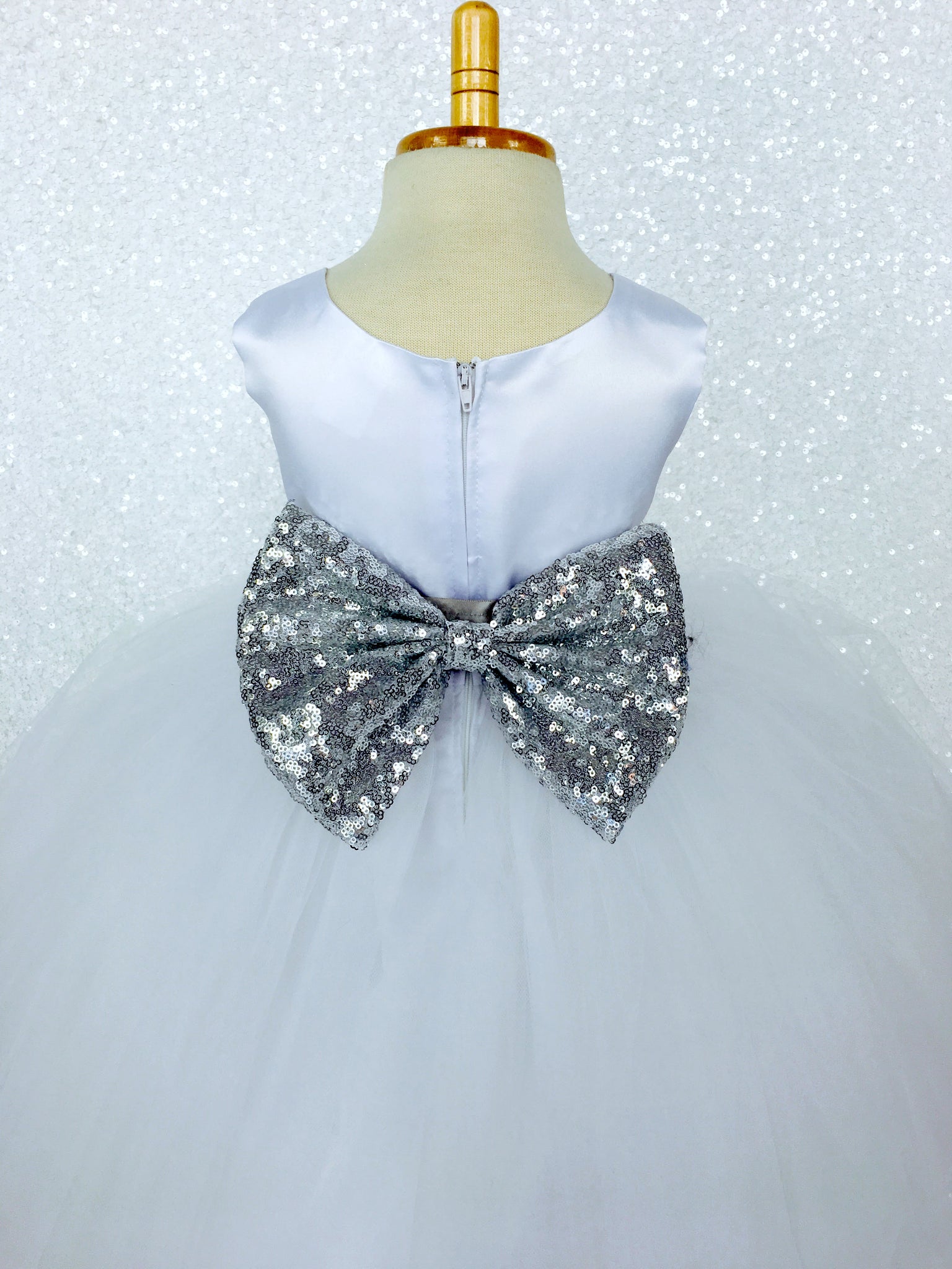 Sleeveless White 4 Layer Tulle Princess Dress Royal Blue Sequin Bow Ribbon